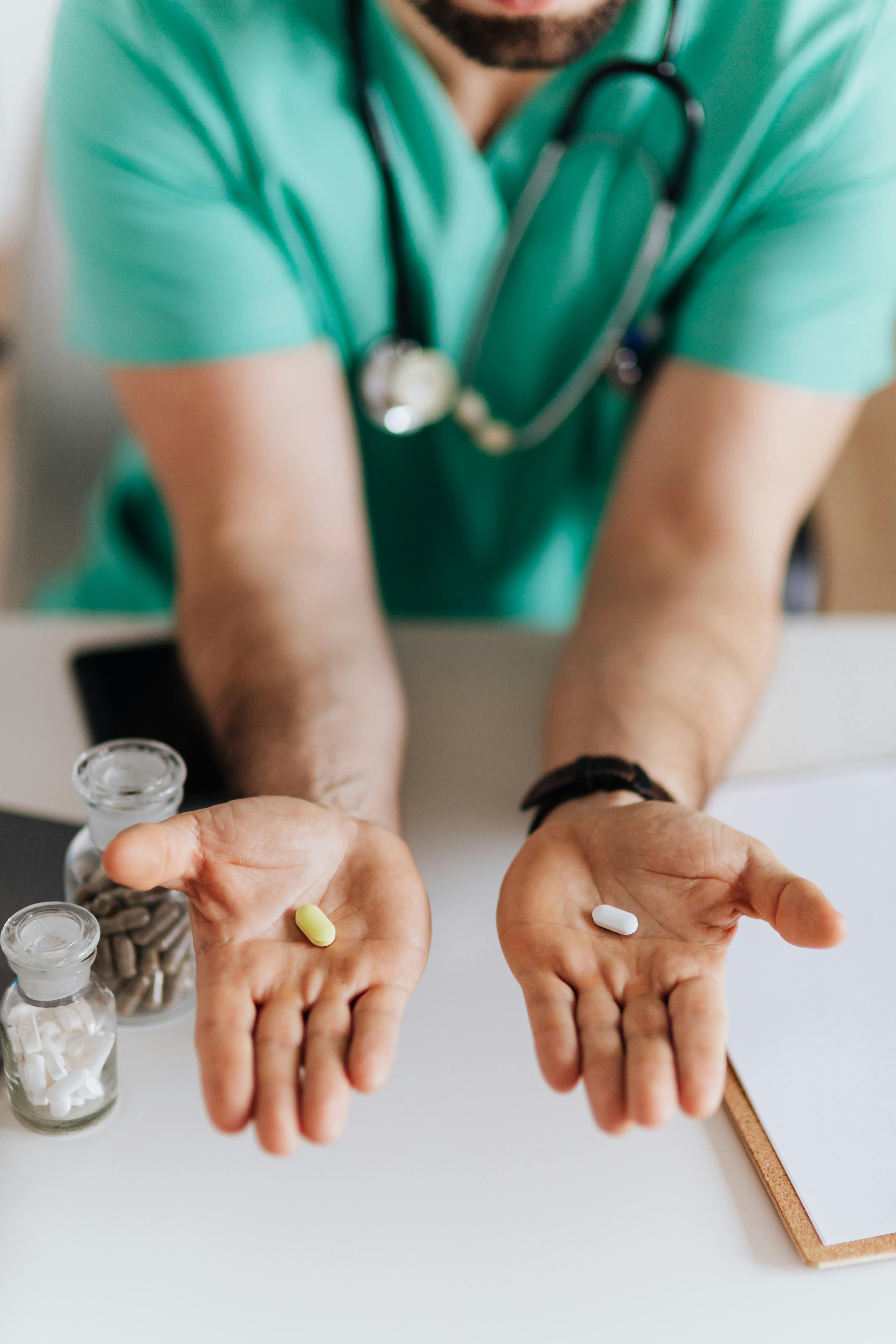 A doctor discussing medication options with a patient in a medical office