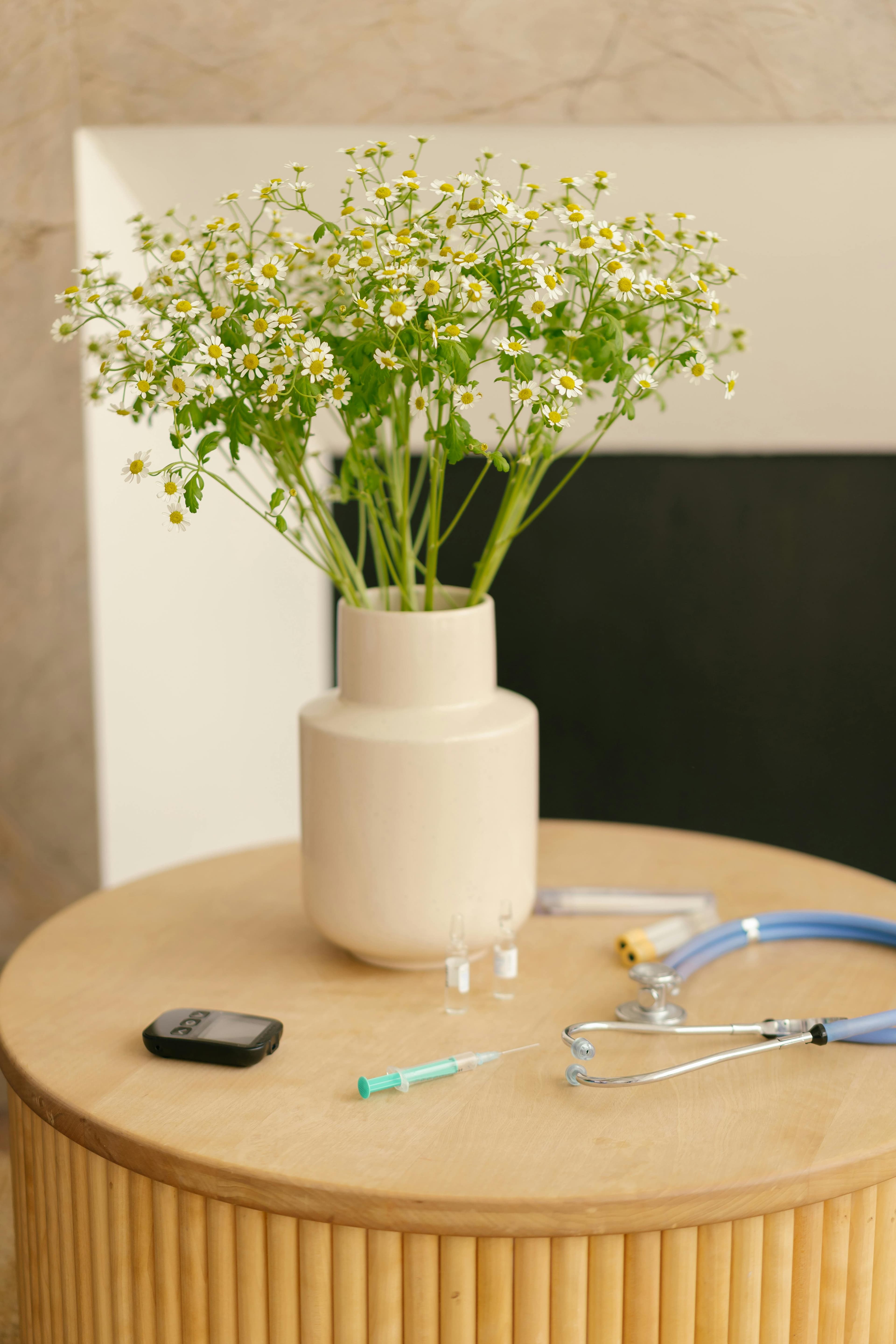 A holistic GP consulting with a patient, surrounded by various medical and natural therapy tools